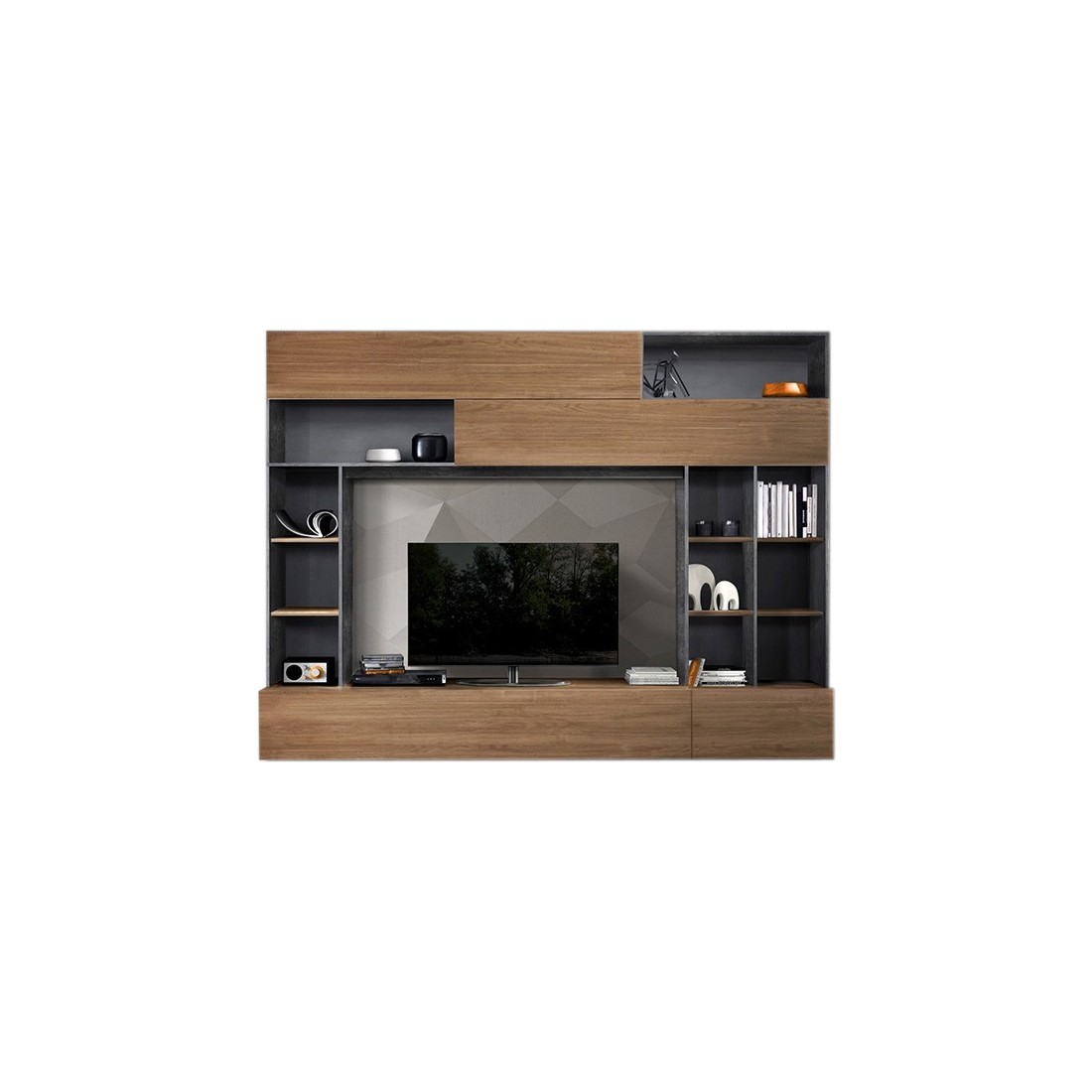 Composizione murale per soggiorno con contenitori, rovere/grigio antracite, collezione PATIO