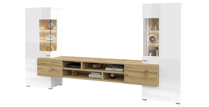 Ensemble de 3 meubles de salon collection KOBEE. Couleur blanc et chêne