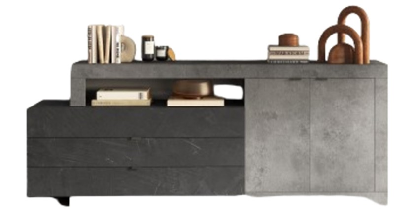 Buffet DOMI – 2 portes et 3 tiroirs – Effet béton et gris anthracite – Design moderne et fonctionnel