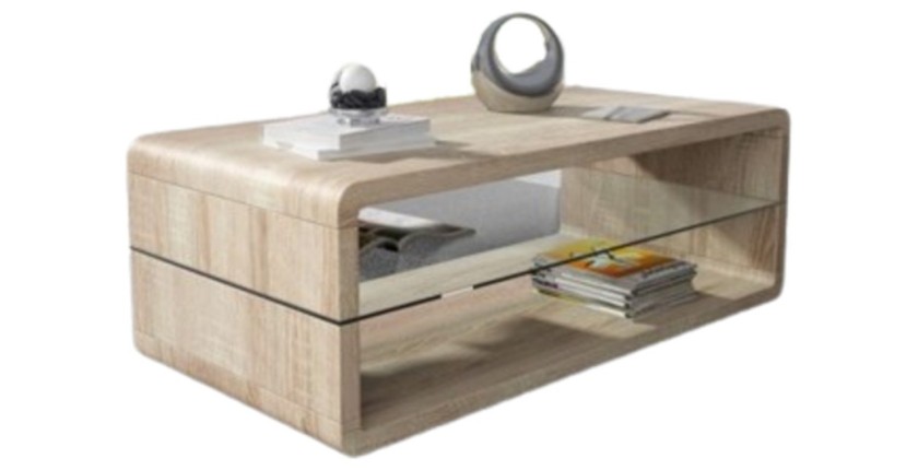 Table basse LEVIS – Design contemporain – Coloris chêne – Plateau intermédiaire en verre