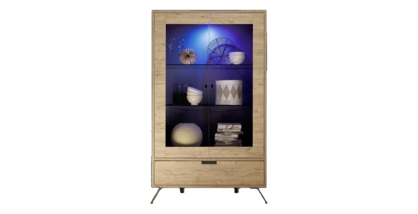 Vitrine SHOW – 2 portes en verre et 1 tiroir – Coloris chêne clair – Design moderne