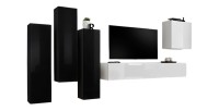 Ensemble meubles de salon SWITCH III – Design moderne – Noir et blanc brillant – Meuble TV et rangements suspendus