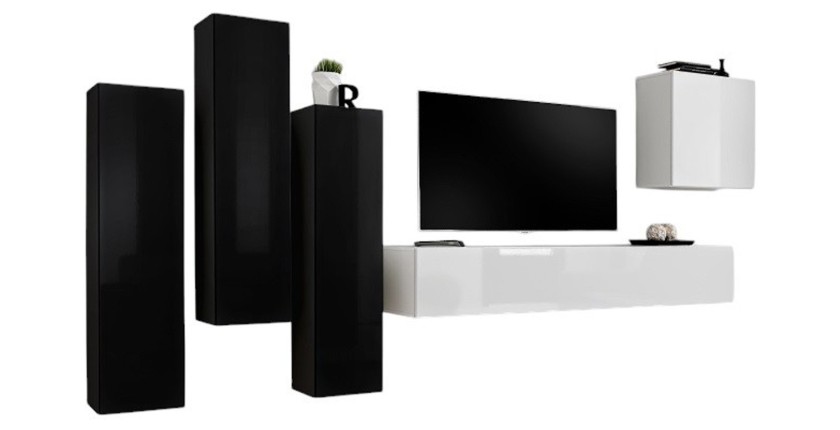 Ensemble meubles de salon SWITCH III – Design moderne – Noir et blanc brillant – Meuble TV et rangements suspendus