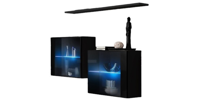 Ensemble meubles de salon SWITCH SBIII – Design moderne – Noir brillant – Portes vitrées avec LED intégrée
