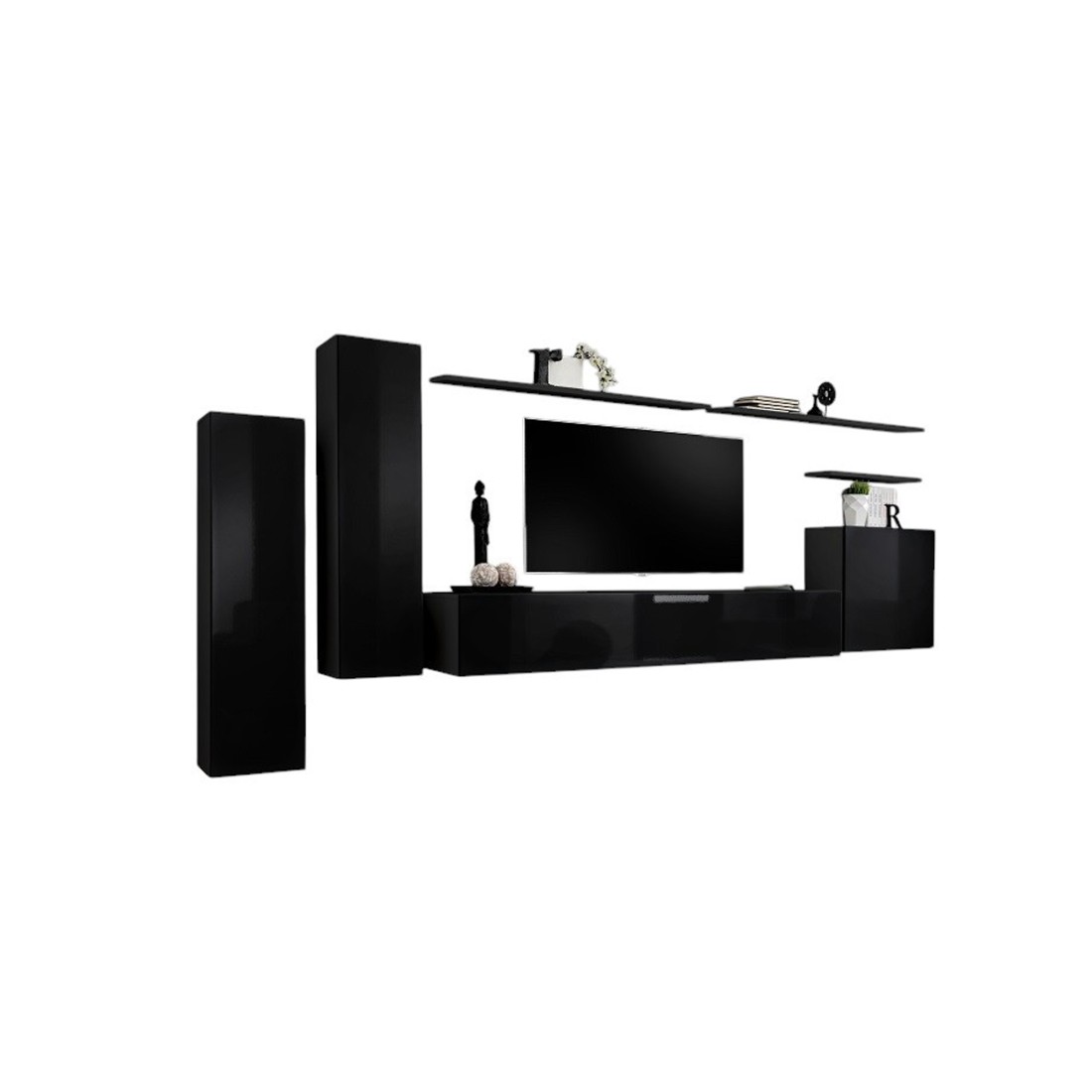 Ensemble meubles de salon SWITCH I – Design moderne – Noir brillant – Meuble TV et rangements suspendus