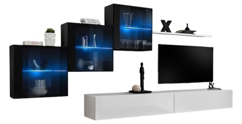 Ensemble meubles salon SWITCH XX – Blanc et noir brillant – Meuble TV et rangements suspendus design