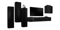 Ensemble meubles salon SWITCH III – Noir brillant – Meuble TV et rangements suspendus design