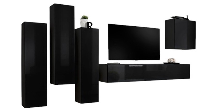 Ensemble meubles salon SWITCH III – Noir brillant – Meuble TV et rangements suspendus design