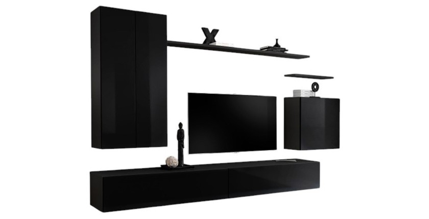 Ensemble meubles salon SWITCH II – Noir brillant – Meuble TV et rangements suspendus modernes
