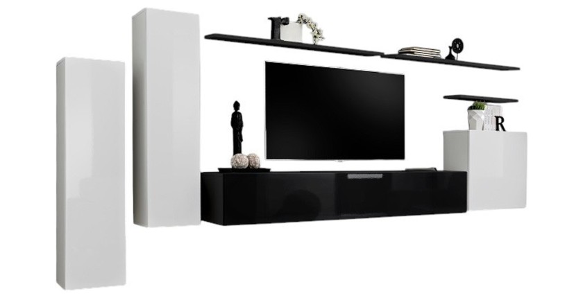 Ensemble meubles salon SWITCH I – Blanc et noir brillant – Meuble TV et rangements suspendus modernes