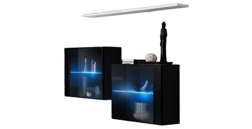 Ensemble salon SWITCH SBIII – Noir brillant, porte vitrée LED intégrée, étagère blanche – Design moderne