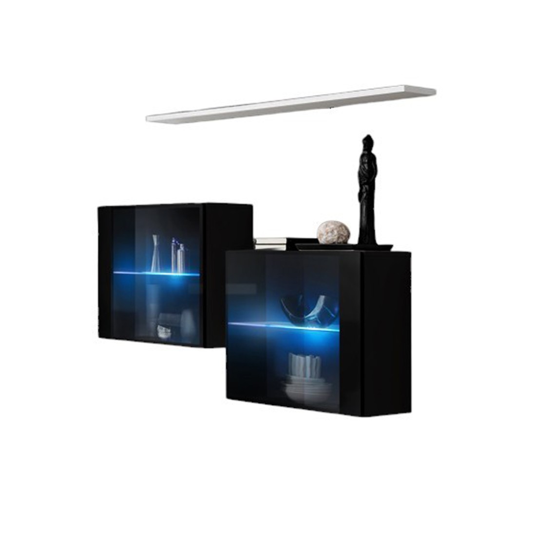 Wohnzimmer Set SWITCH SBIII – Glänzend Schwarz, Glastür mit integrierter LED, weißes Regal – Modernes Design