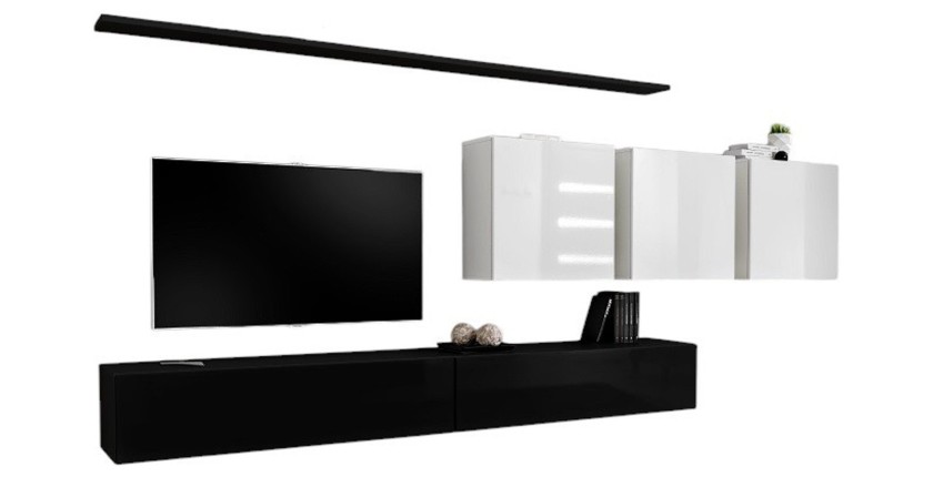 Ensemble meuble salon SWITCH VII – Noir et blanc brillant – Design suspendu et moderne