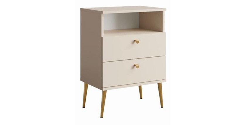 Table de Chevet 2 Tiroirs avec Niche - beige et pieds en métal doré - Collection Aurora