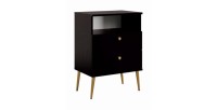 Mesita de Noche con 2 Cajones y Hueco - Negra con patas de metal dorado - Colección Aurora