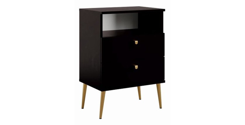 Mesita de Noche con 2 Cajones y Hueco - Negra con patas de metal dorado - Colección Aurora