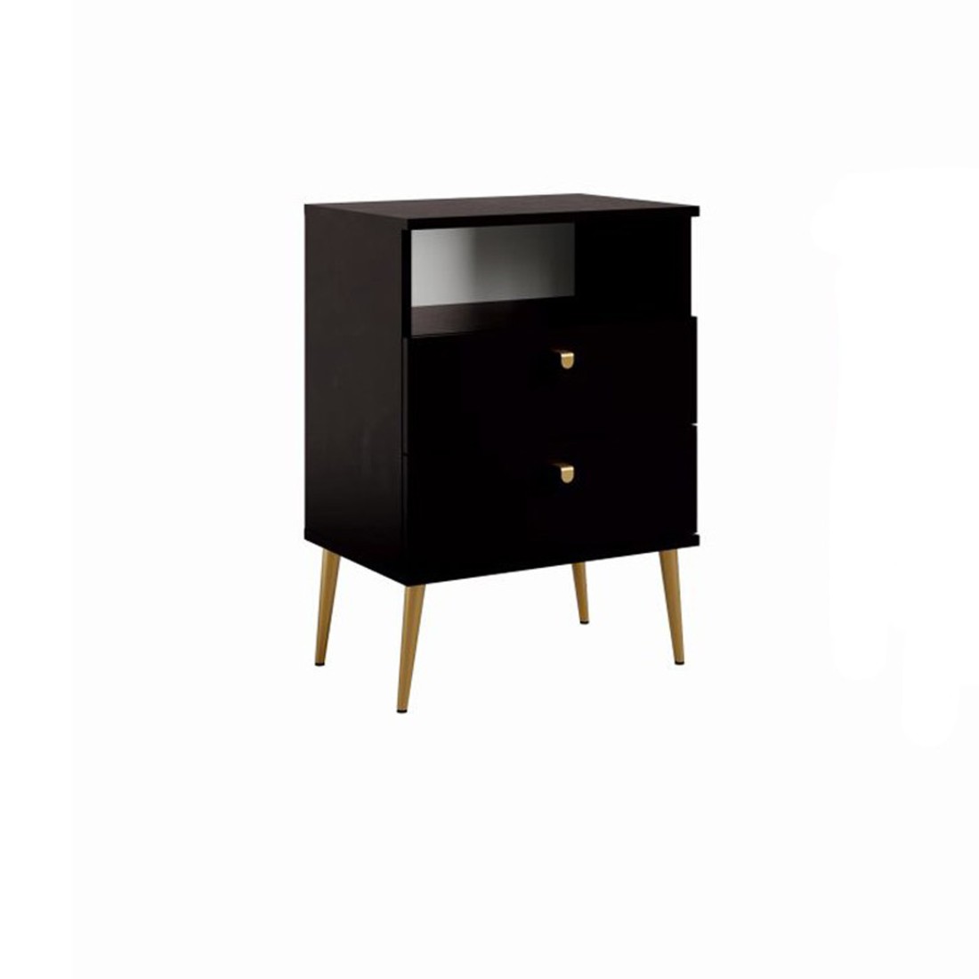 Mesita de Noche con 2 Cajones y Hueco - Negra con patas de metal dorado - Colección Aurora
