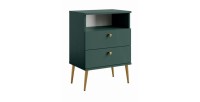 Table de Chevet 2 Tiroirs avec Niche - verte et pieds en métal doré - Collection Aurora