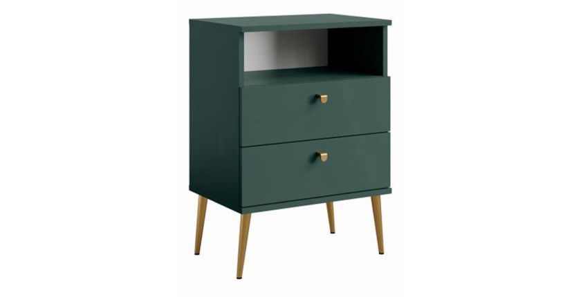 Nachttisch mit 2 Schubladen und Ablagefach - grün mit goldenen Metallfüßen - Kollektion Aurora