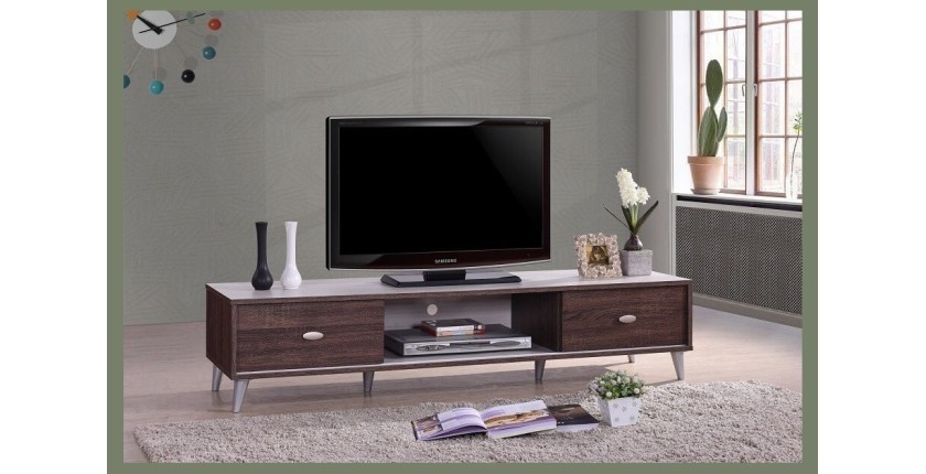 Meuble TV ANKARA – 150 cm – 2 portes coulissantes – Noyer & Blanc – Design moderne