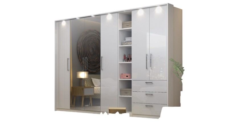 Dressing d'angle MODULO – Blanc brillant – LED & étagères inclus – Configuration personnalisable