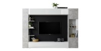 Composizione murale VASCO - Bianco lucido e grigio effetto cemento - Mobile da soggiorno moderno e di design