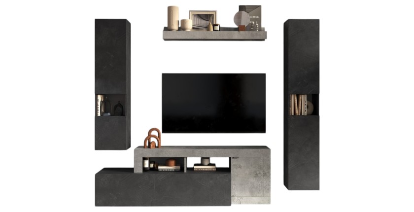 Ensemble meubles salon FREDO – Design moderne – Gris effet béton et plomb – 3 portes et tiroir