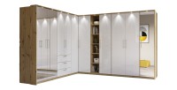 Dressing d'angle MODULO – Chêne & blanc brillant – LED & étagères inclus – Configuration personnalisable
