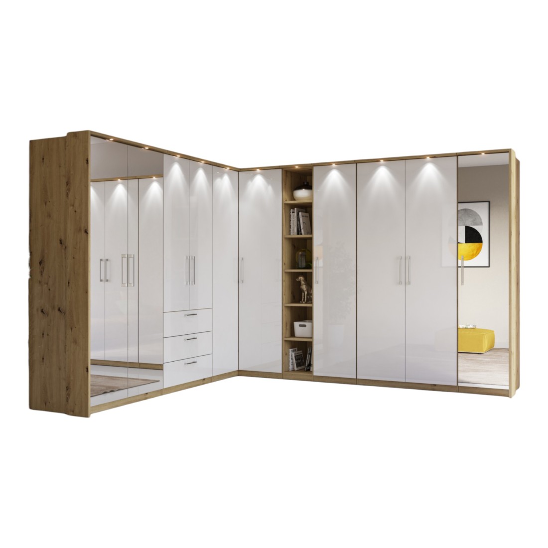 Dressing d'angle MODULO – Chêne & blanc brillant – LED & étagères inclus – Configuration personnalisable