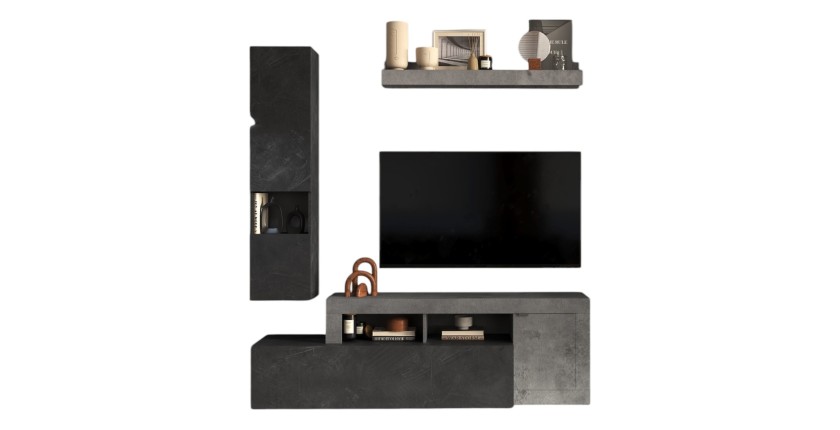 Ensemble meubles salon FREDO – Design moderne – Gris effet béton et plomb – 2 portes et tiroir