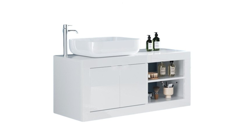Meuble salle de bain suspendu CISA – 1 vasque – 2 portes – 92 cm – Blanc brillant – Design moderne
