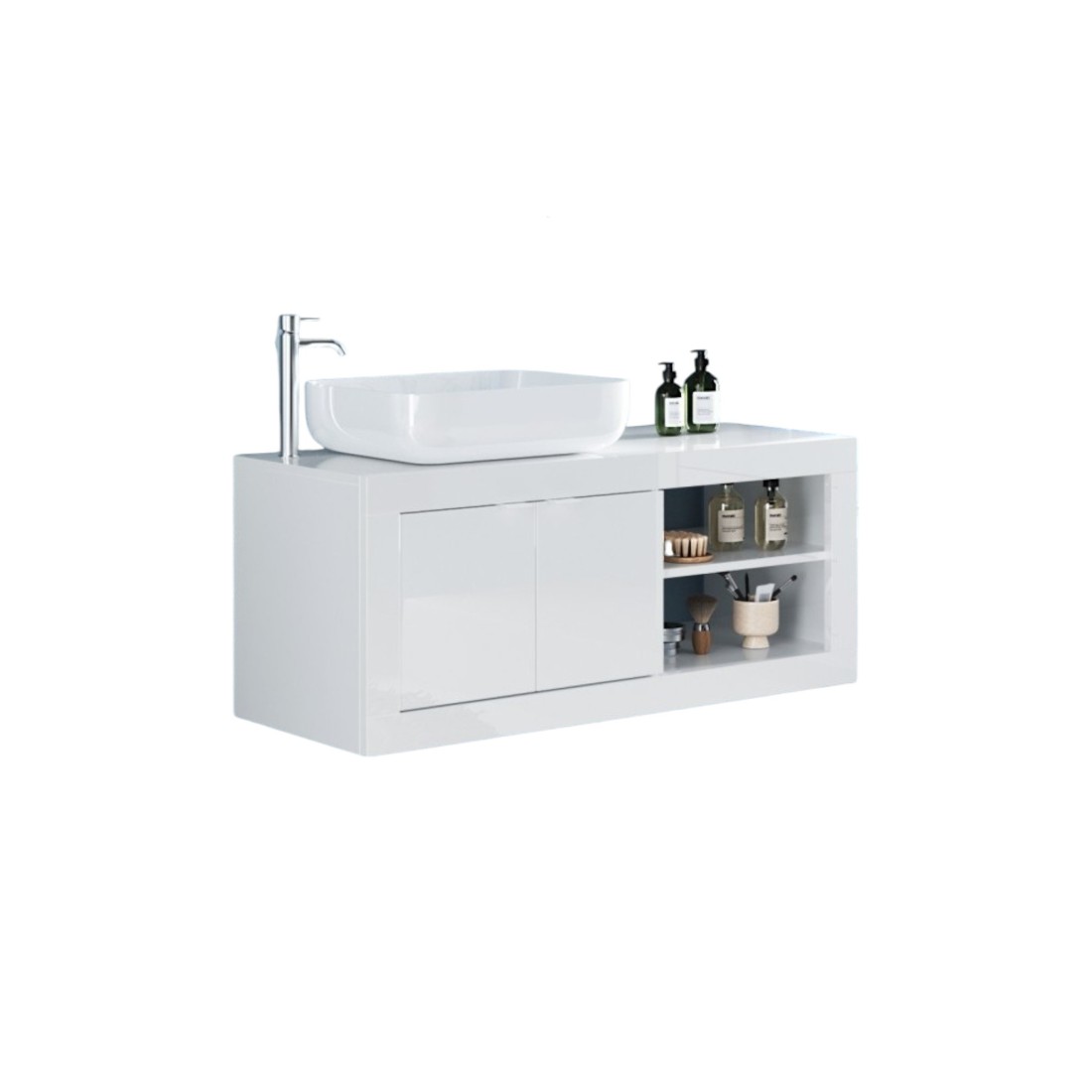 Meuble salle de bain suspendu CISA – 1 vasque – 2 portes – 92 cm – Blanc brillant – Design moderne