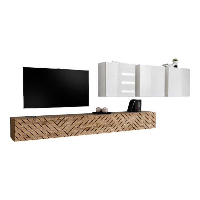 Conjunto de salón SWITCH VII – Roble con acabados fresados & blanco brillante – Diseño moderno & funcional