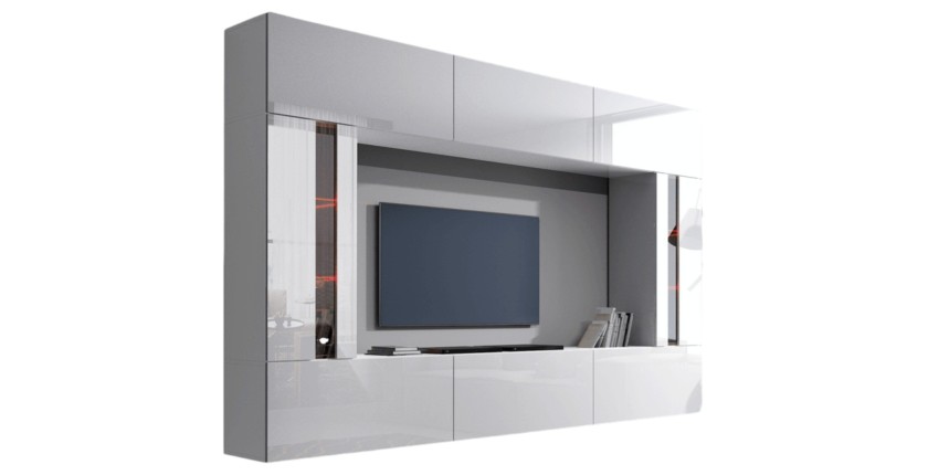 Set di mobili da soggiorno bianchi, sospesi, collezione CEPTO XXVIII. 249cm, 8 pezzi, con LED, modulari.