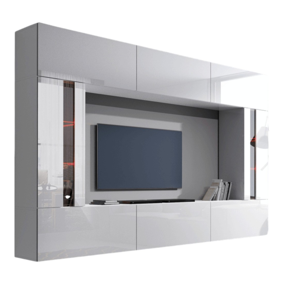 Set di mobili da soggiorno bianchi, sospesi, collezione CEPTO XXVIII. 249cm, 8 pezzi, con LED, modulari.