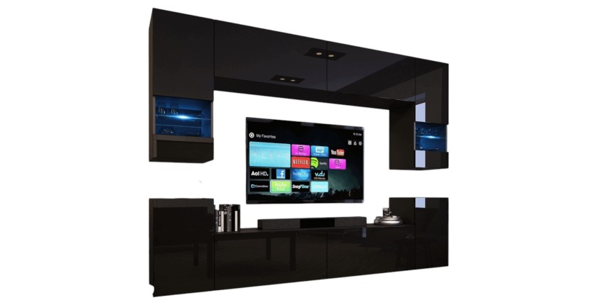 Ensemble de meubles de salon noir, suspendus collection CEPTO XXVII. 240cm, 8 meubles, leds, modulables.