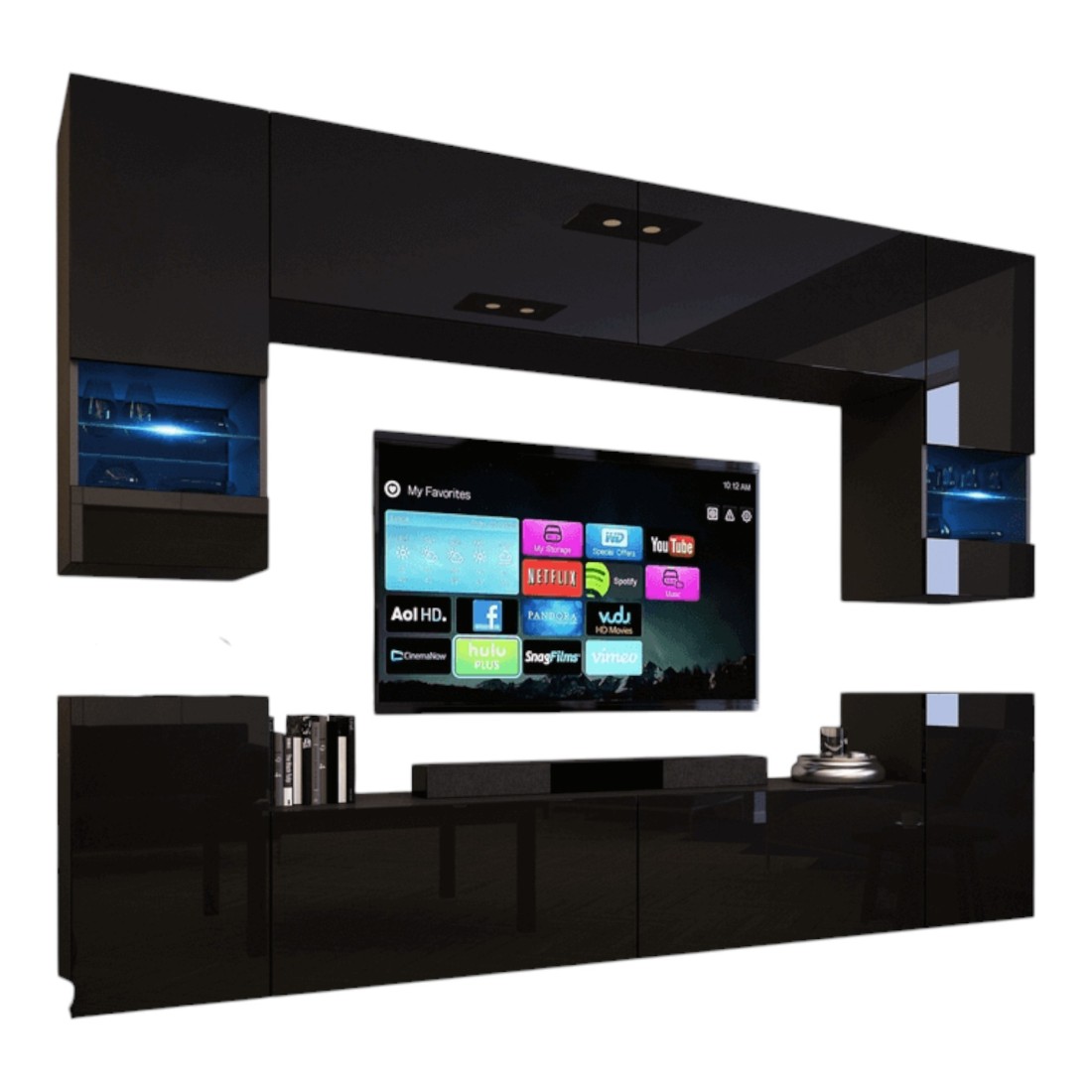 Ensemble de meubles de salon noir, suspendus collection CEPTO XXVII. 240cm, 8 meubles, leds, modulables.