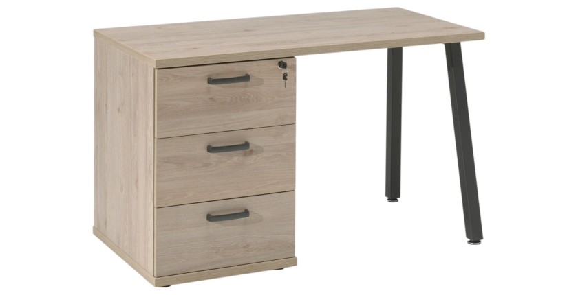 Bureau robuste chêne clair avec caisson 3 tiroirs – Collection SUZI – Spécial petit espace