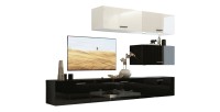 Ensemble meubles de salon haut blanc et bas noir suspendus collection CEPTO XXV 249 cm, 6 meubles, LEDs, modulables