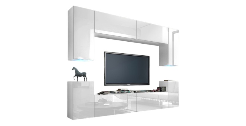 Ensemble de meubles de salon blanc suspendus collection CEPTO I 240cm, 8 portes, 6 étagères, leds.