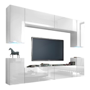 Ensemble de meubles de salon blanc suspendus collection CEPTO I 240cm, 8 portes, 6 étagères, leds.