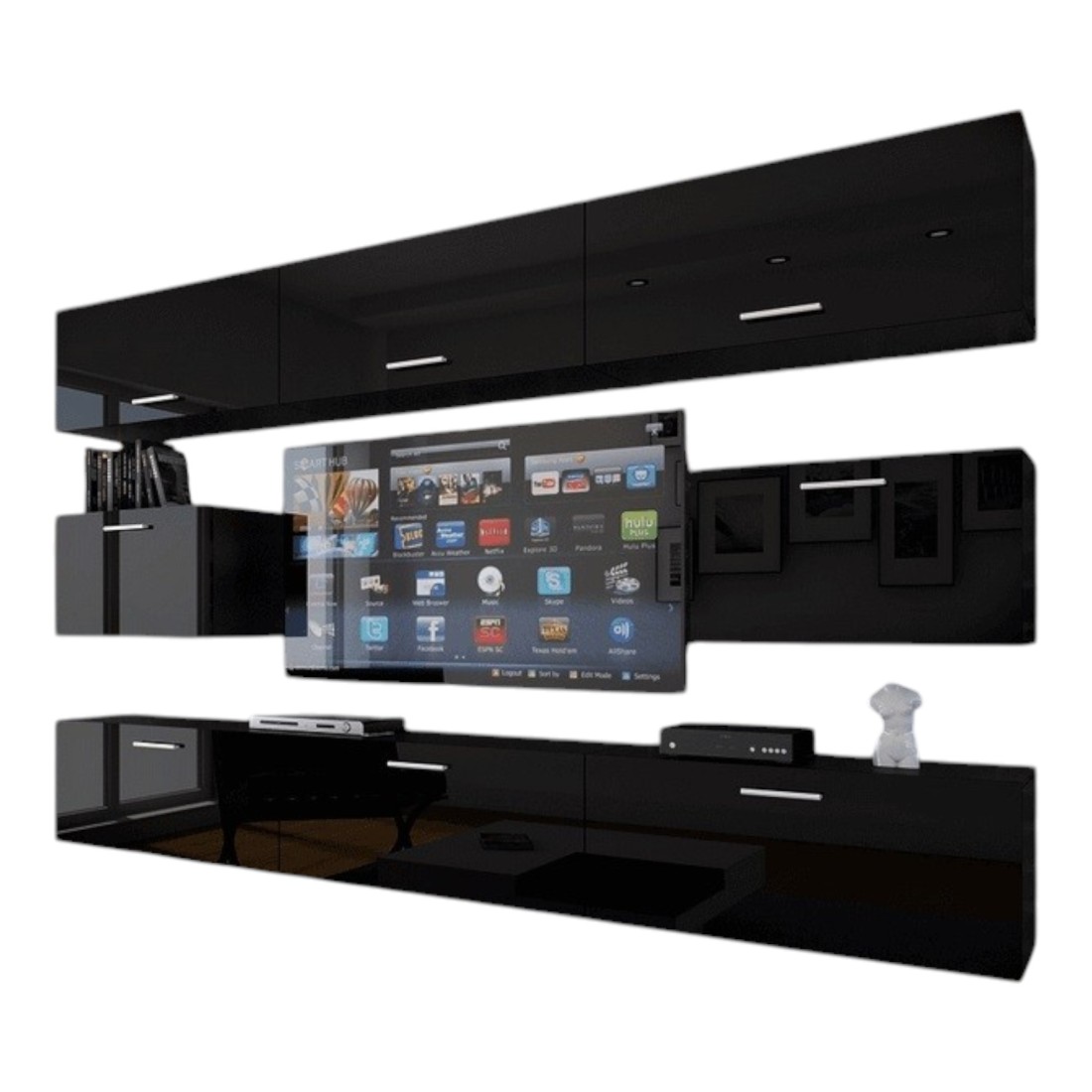 Ensemble de meubles de salon noir suspendus collection CEPTO VII 249cm, 8 portes