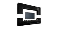 Ensemble de meubles de salon noir suspendus collection CEPTO I 256cm, 8 portes, 6 étagères, leds, modulables.