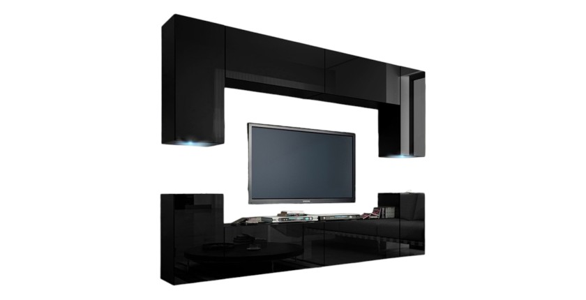 Ensemble de meubles de salon noir suspendus collection CEPTO I 256cm, 8 portes, 6 étagères, leds, modulables.
