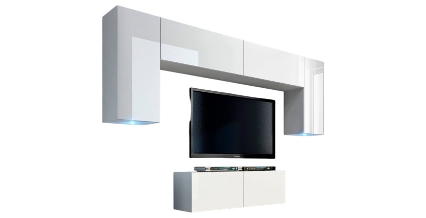 Conjunto de muebles de salón colgantes blancos colección CEPTO II 256cm, 6 puertas, 4 estantes, leds, modulares.