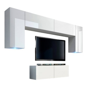 Conjunto de muebles de salón colgantes blancos colección CEPTO II 256cm, 6 puertas, 4 estantes, leds, modulares.
