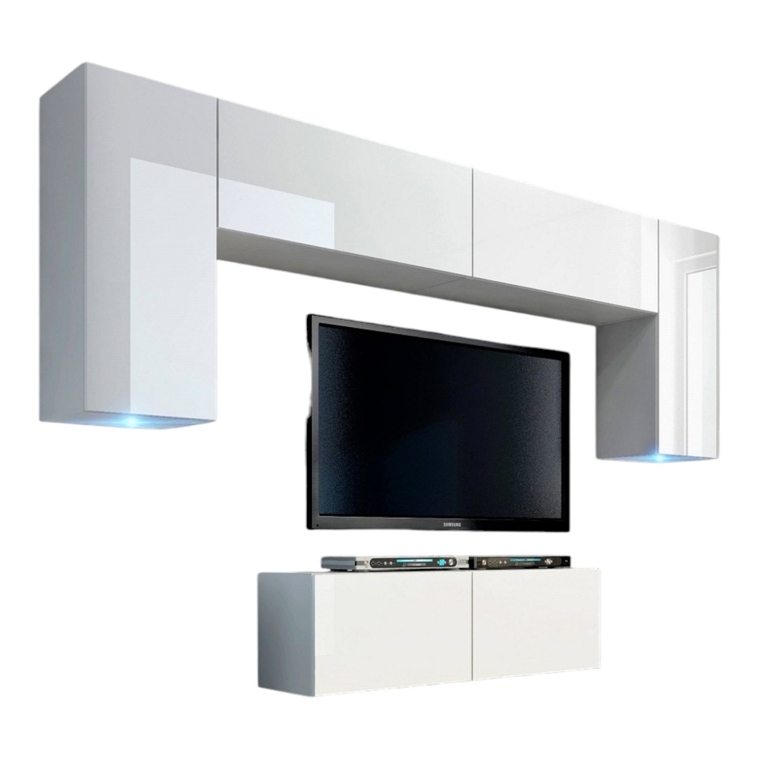 Conjunto de muebles de salón colgantes blancos colección CEPTO II 256cm, 6 puertas, 4 estantes, leds, modulares.