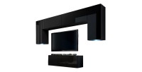 Ensemble de meubles de salon noir suspendus collection CEPTO II 256cm, 6 portes, 4 étagères, leds, modulables.