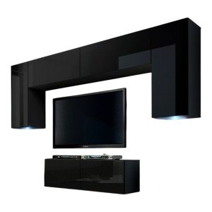 Ensemble de meubles de salon noir suspendus collection CEPTO II 256cm, 6 portes, 4 étagères, leds, modulables.