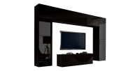 Ensemble de meubles de salon noir suspendus collection CEPTO III 256cm, 8 portes, 8 étagères, leds, modulables.